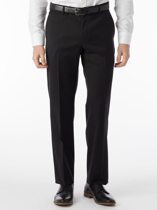 A man wearing the Ballin Theo Comfort 'EZE' Modern Flat Front Pant in Black made of wool gabardine and a white shirt.