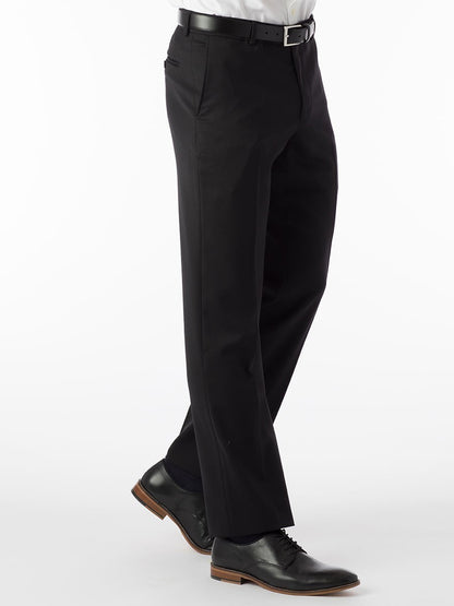 A man wearing Ballin Theo Comfort 'EZE' Modern Flat Front Pant in Black wool gabardine dress pants and a white luxury shirt.