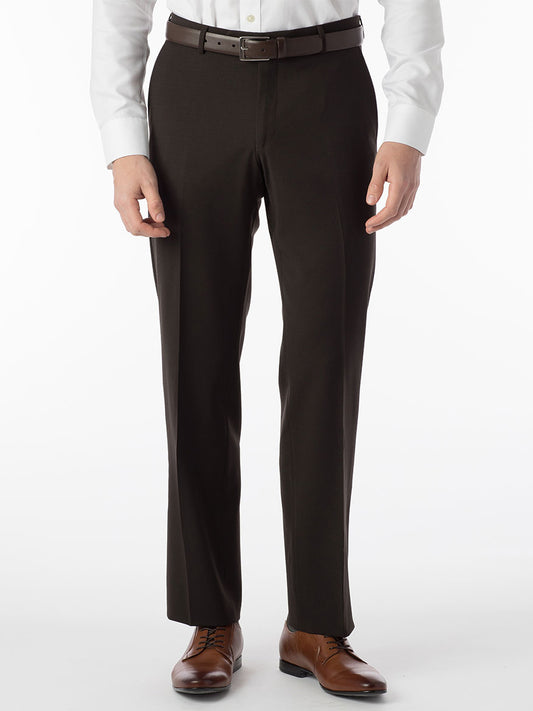 A man wearing the Ballin Theo Comfort 'EZE' Modern Flat Front Pant in Brown made of wool gabardine and a white shirt.