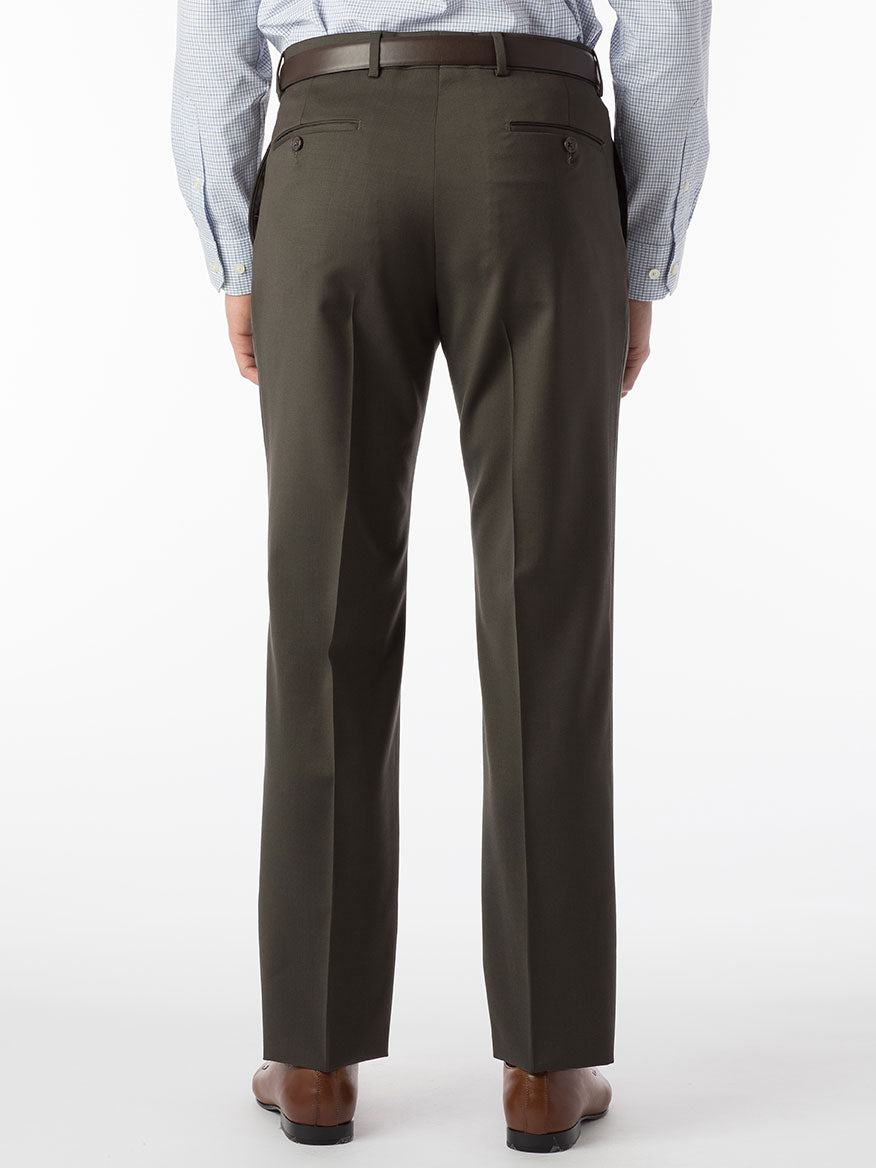 The back view of a man wearing khaki dress pants featuring the Ballin Theo Comfort 'EZE' Modern Flat Front Pant in Loden waistband.