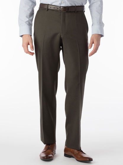 A man wearing Ballin Theo Comfort 'EZE' Modern Flat Front Pant in Loden with a white shirt.