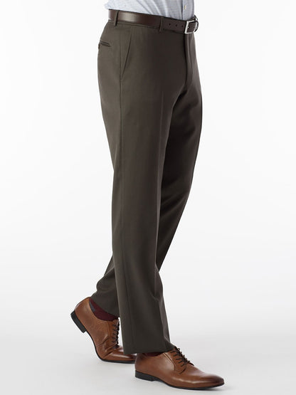 A man is standing in Ballin Theo Comfort 'EZE' Modern Flat Front Pant in Loden and tan shoes.