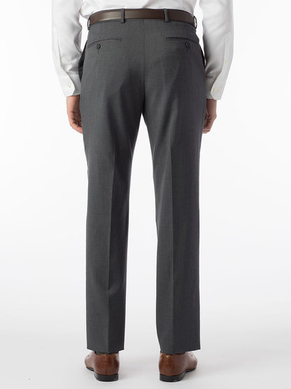 The back view of a man in Ballin Theo Comfort 'EZE' Modern Flat Front Pant in Mid Grey suit pants.