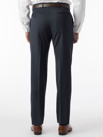 The back view of a man wearing Ballin Theo Comfort 'EZE' Modern Flat Front Pant in Navy Mix pants in wool gabardine with Comfort "EZE" construction.
