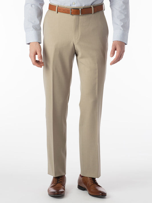 A person wearing Ballin Theo Comfort 'EZE' Modern Flat Front Pants in Oatmeal, paired with a light blue checkered shirt and brown leather shoes.