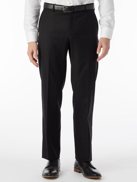 A man wearing the Ballin Soho Comfort 'EZE' Super 120s Modern Flat Front Pant in Black and a crisp white shirt.