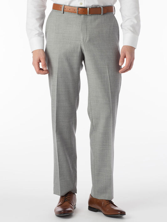 A man is wearing a Ballin Soho Comfort 'EZE' Super 120s Modern Flat Front Pant in Light Grey suit and a tie.