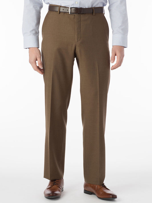A man wearing the Ballin Soho Comfort 'EZE' Super 120s Modern Flat Front Pant in Tobacco, paired with a matching luxury and performance brown shirt.