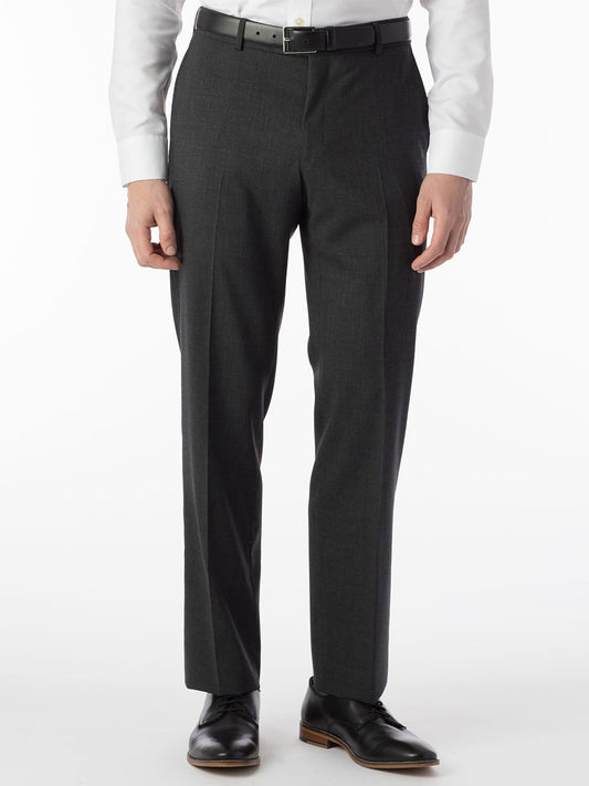 A man is standing in a Ballin Soho Comfort 'EZE' Super 120s Modern Flat Front Twill Pant in Grey and a white shirt.