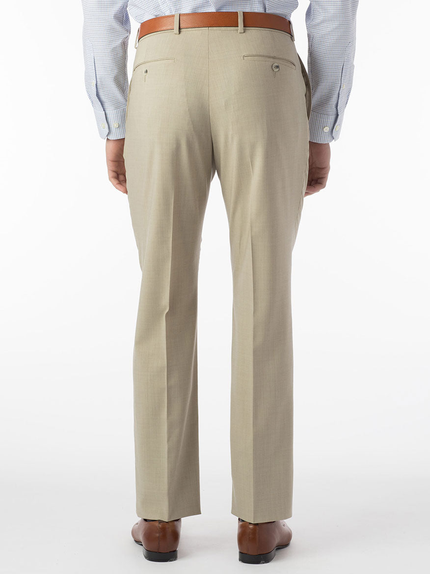 The back view of a man wearing tan pants made with Nanotex fabric for extra comfort "Ballin Soho Comfort 'EZE' Super 120s Modern Flat Front Twill Pant in Khaki".