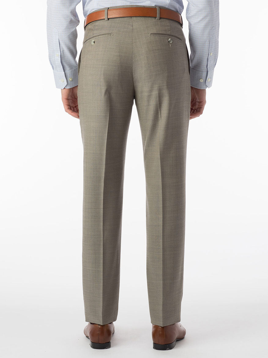 The back view of a man wearing Ballin Soho Comfort 'EZE' Sharkskin Modern Flat Front Pant in British Tan suit pants.