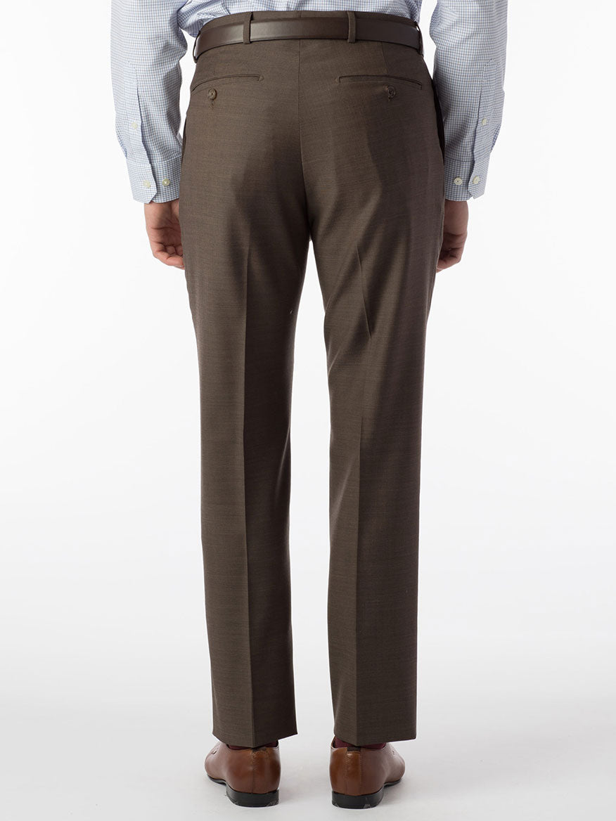The back view of a man wearing Ballin Soho Comfort 'EZE' Sharkskin Modern Flat Front Pant in Chestnut, exuding comfort.