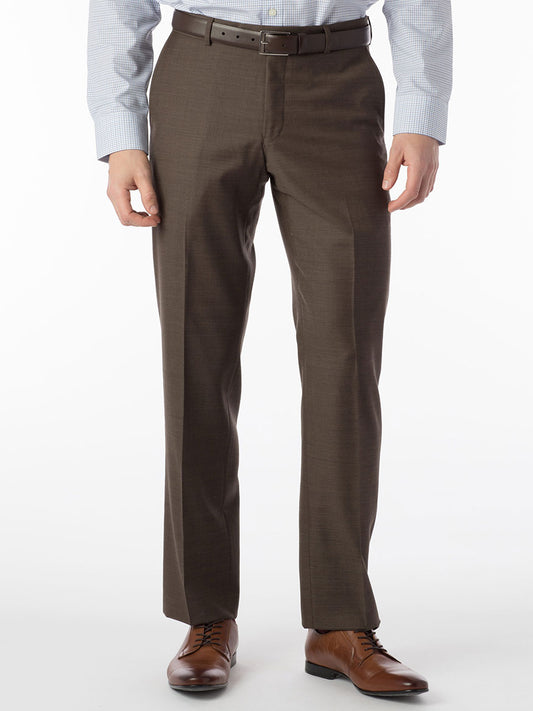 A man wearing the Ballin Soho Comfort 'EZE' Sharkskin Modern Flat Front Pant in Chestnut.