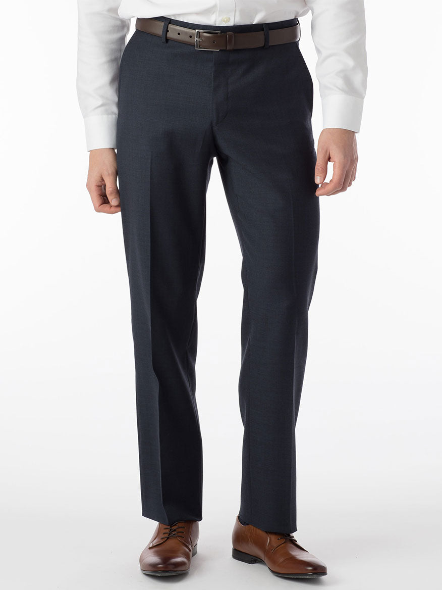 A man wearing Ballin Soho Comfort 'EZE' Sharkskin Modern Flat Front Pant in Navy dress pants and a white shirt.