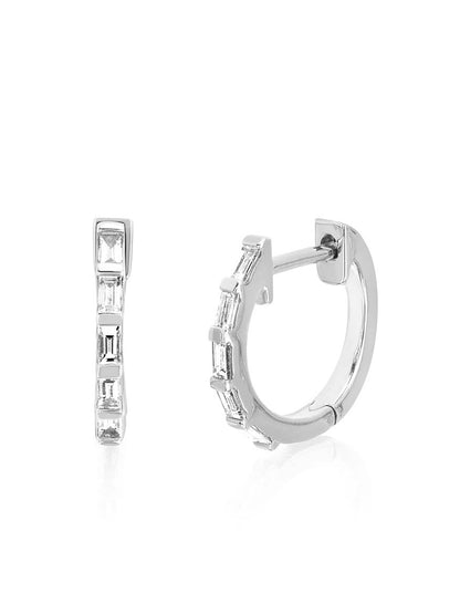 EF Collection Diamond Baguette Huggie Earrings in White Gold
