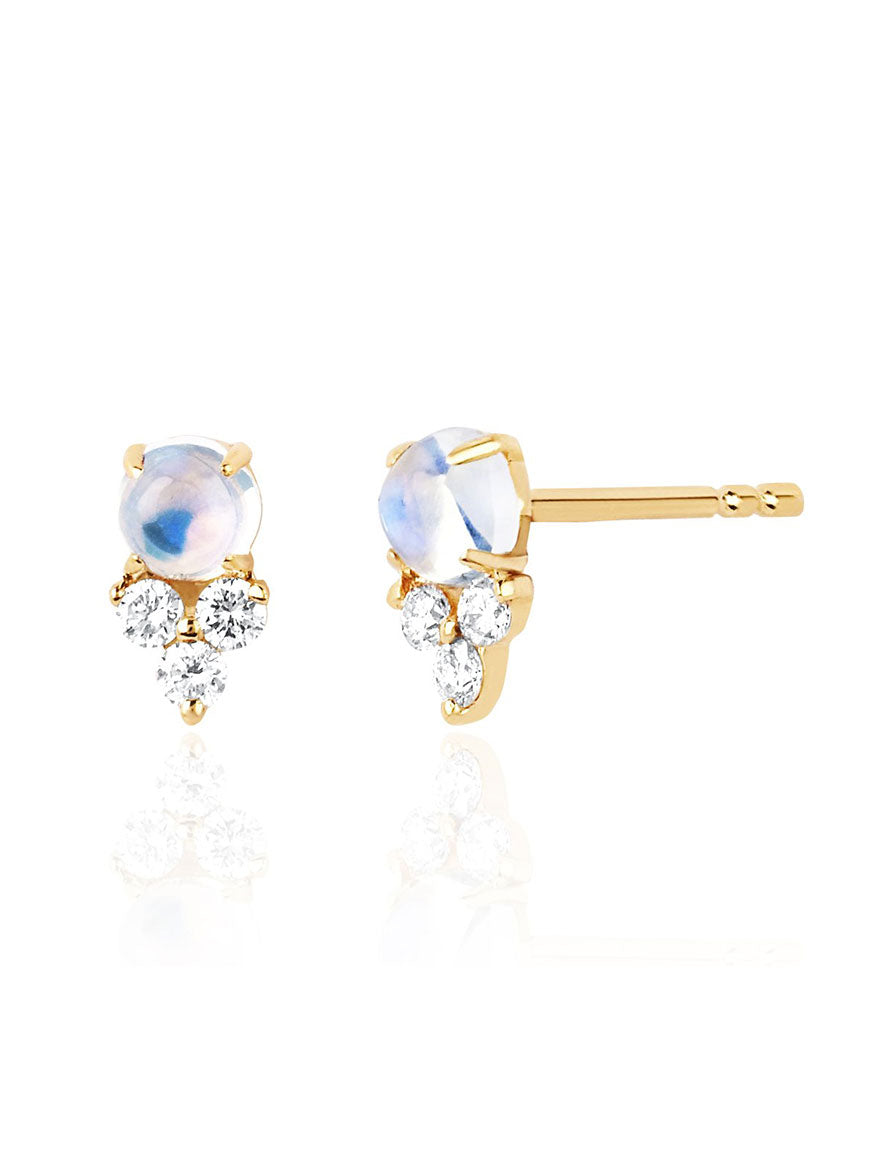 EF Collection Diamond Trio Moonstone Stud Earring in Yellow Gold