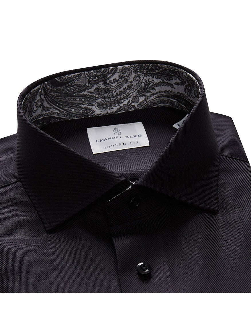 Close-up of a high-performance Emanuel Berg Black Textured Twill Casual Dress Shirt with a paisley pattern inside the collar and a label reading "harman & rhea modern fit, wrinkle-resistant.