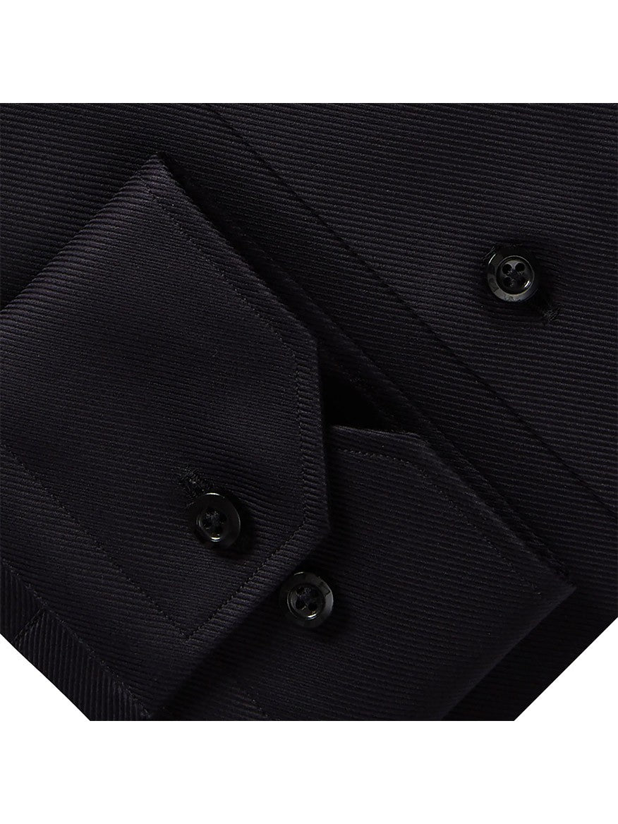 Close-up view of a Emanuel Berg Black Textured Twill Casual Dress Shirt featuring detailed stitching, a pocket, and round buttons.