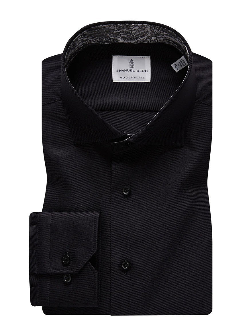 Folded wrinkle-resistant Emanuel Berg Black Textured Twill Casual Dress Shirt on a white background, displaying the collar, buttons, and cuff with a visible brand tag "Emanuel Berg.