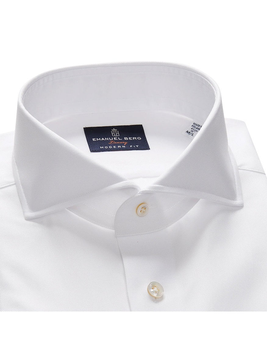 Close-up of an Emanuel Berg Premium Luxury Dress Shirt in White with a cutaway Harvard collar.