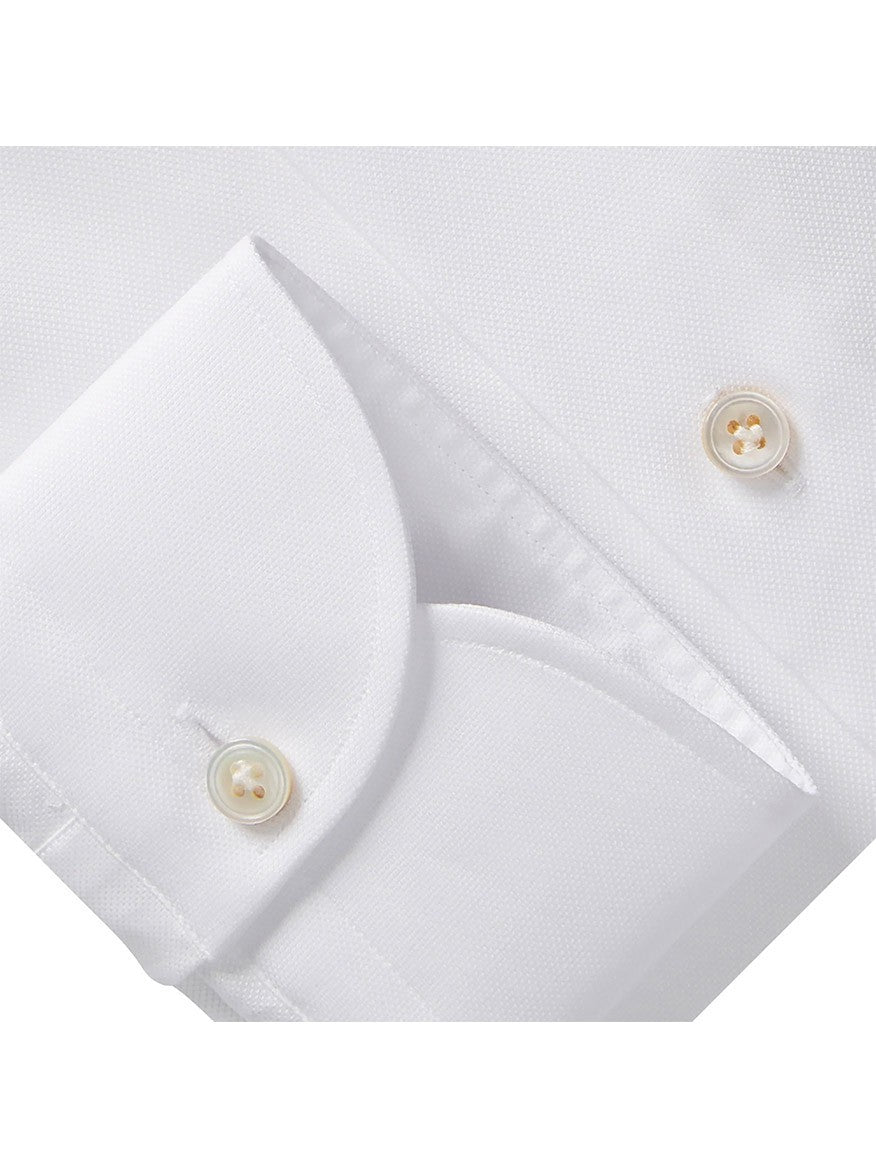 Close-up of an Emanuel Berg Premium Luxury Dress Shirt in White collar and Mother of Pearl button.