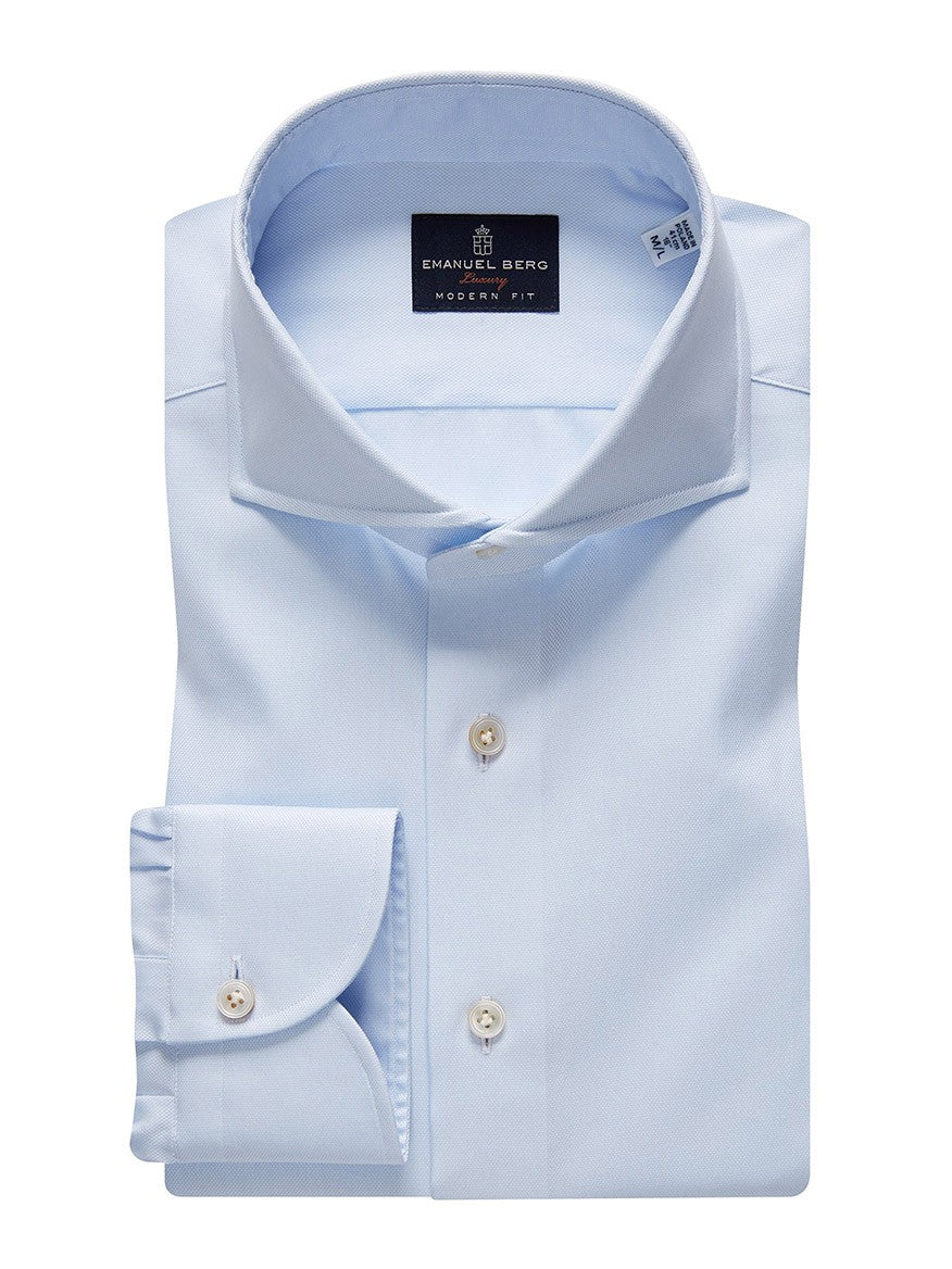 Light blue Emanuel Berg premium luxury dress shirt with a Harvard collar, folded and presented for retail display.