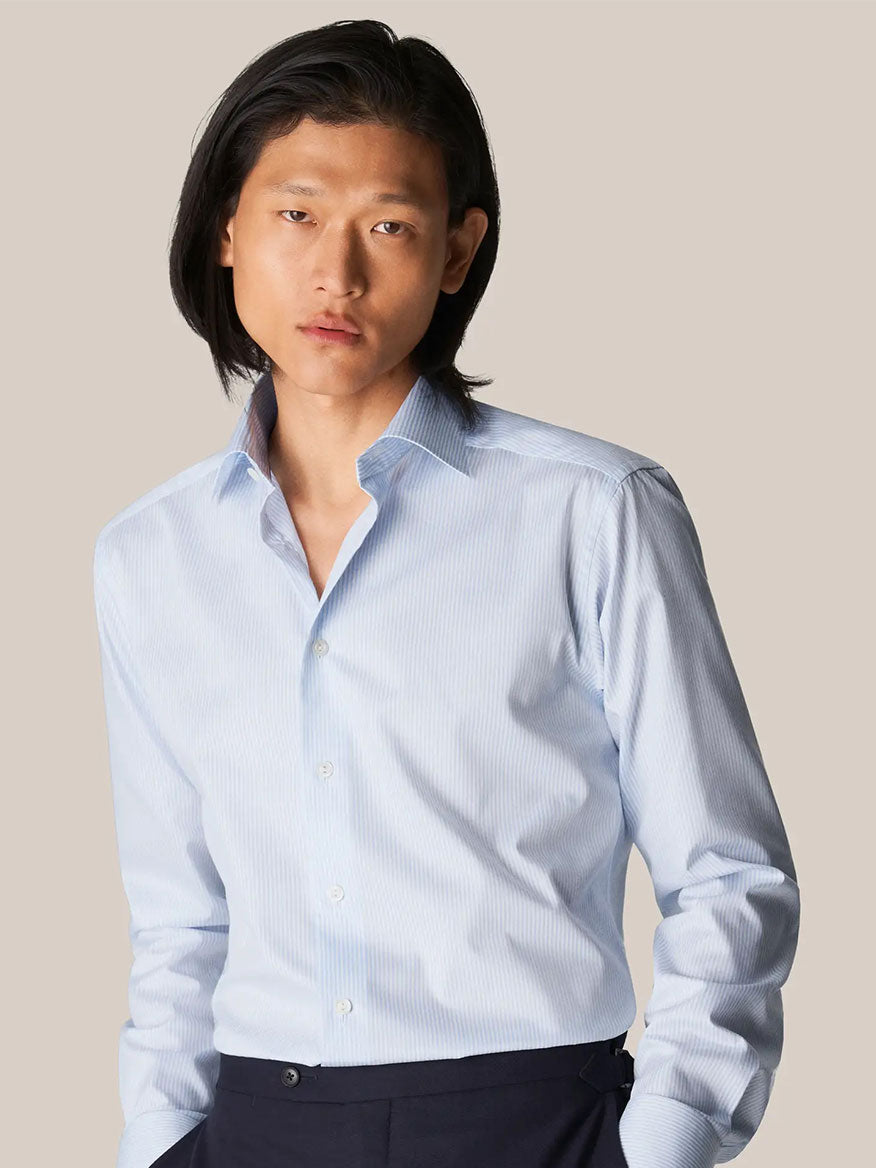 Eton Slim Fit Light Blue Bengal Stripe Dress Shirt Cutaway Collar