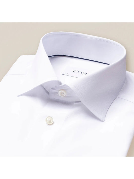 Eton Classic Fit Twill Dress Shirt in White with a close-up on the collar and top button.