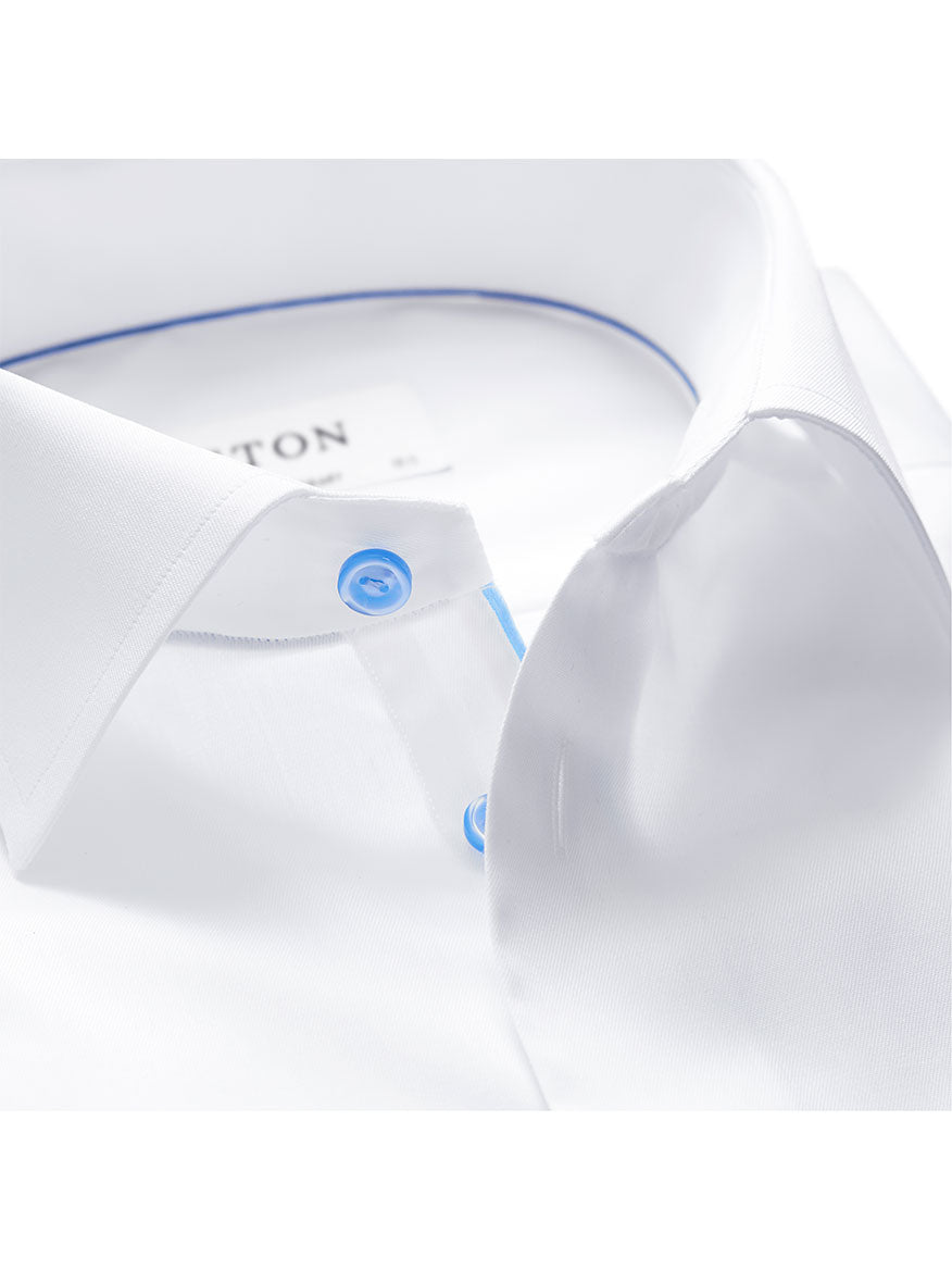 Close-up of a signature Eton Contemporary Fit White Twill Dress Shirt With Blue Details, offering a contemporary fit.