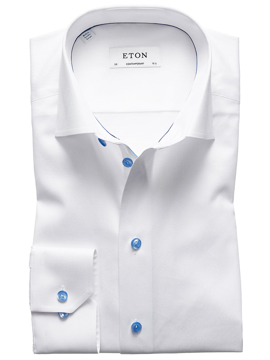 A signature Eton Contemporary Fit White Twill dress shirt with blue details displayed flat.