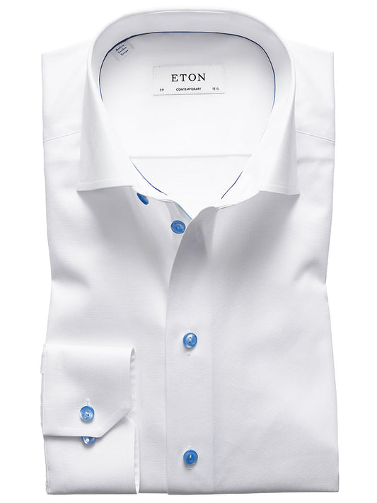 Eton Contemporary Fit White Twill Dress Shirt With Blue Details