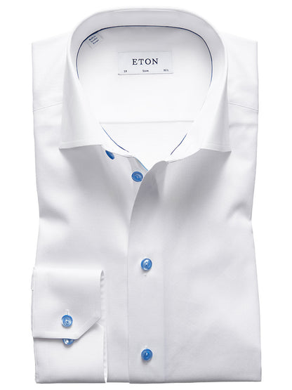 Eton Slim Fit White Twill Dress Shirt With Blue Details