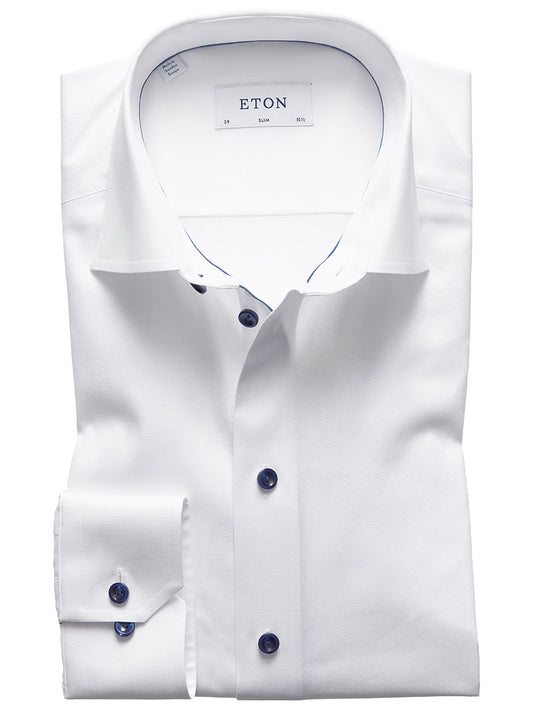 Eton Slim Fit White Twill Dress Shirt With Navy Details