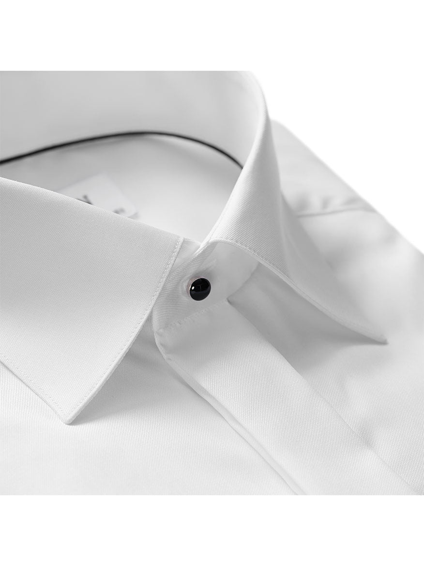 Close-up of a white Eton Contemporary Fit White Twill Evening Shirt collar with a single black button.