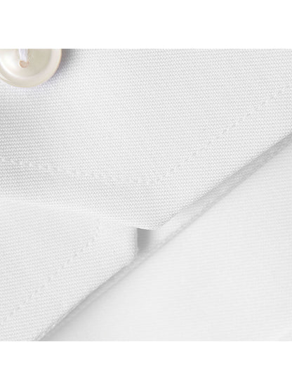 Close-up of the Eton Slim Fit White Extreme Cut Away Dress Shirt collar, showcasing its extreme cut away style, visible button, and textured fabric.