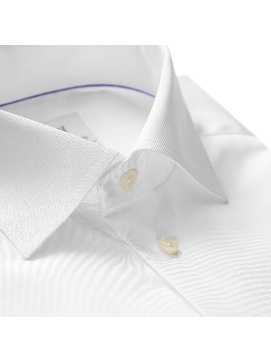 Close-up of a white Eton Contemporary Fit French Cuff Dress Shirt collar with buttons.