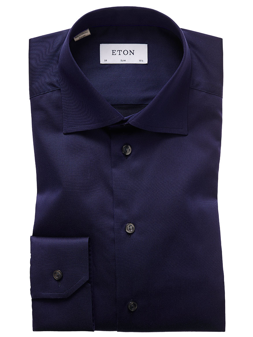 A versatile shirt perfect for a formal event or business meeting, the Eton Slim Fit Navy Signature Twill Dress Shirt features a collar and cuffs.