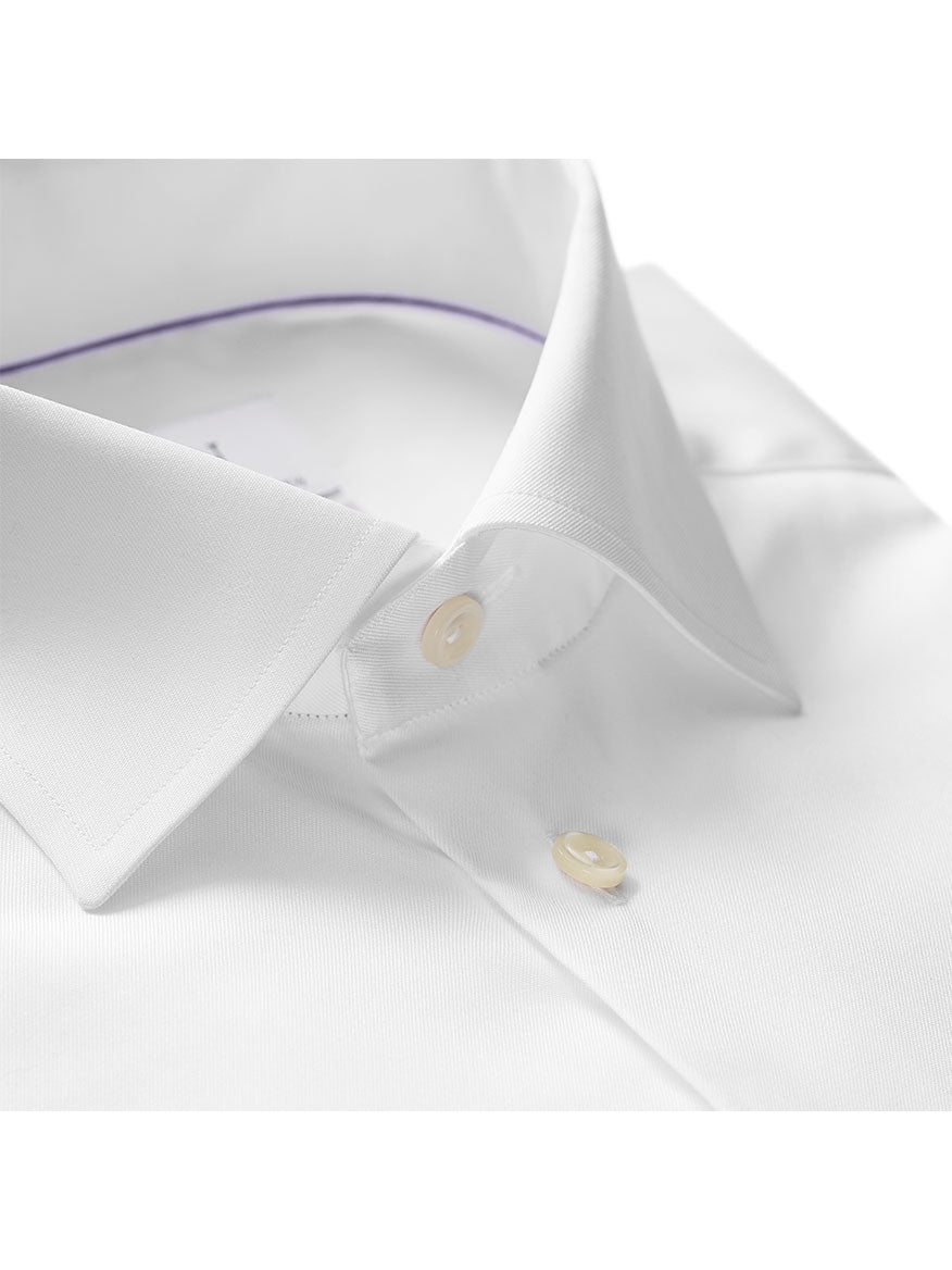 Close-up of the Eton Slim Fit White French Cuff Dress Shirt, highlighting the collar, top button, placket, and a subtle purple inner lining.