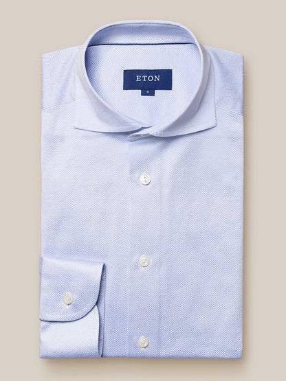 Eton Mid-Blue Filo di Scozia King Knit Shirt – Herringbone Pattern