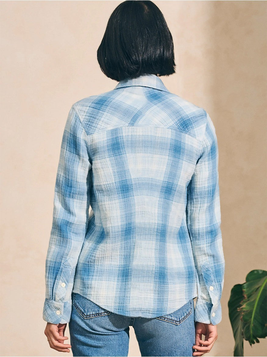 A relaxed fit, double cloth fabric, Faherty Brand Malibu Shirt in Indigo Plaid.