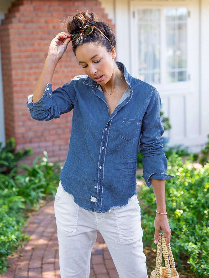 Frank & Eileen Barry Tailored Button-Up Shirt in Vintage Indigo, a woman in a blue button-up shirt.