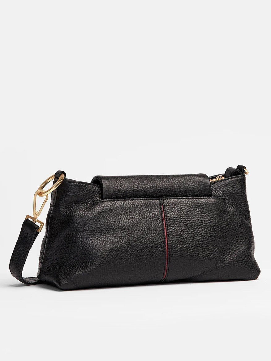 The Hammitt Los Angeles VIP Satchel in Black/Brushed Gold is a black pebbled leather handbag with gold hardware, featuring a detachable shoulder strap, top handle, and a magnetic cell pocket for added convenience. This versatile piece offers both style and functionality.