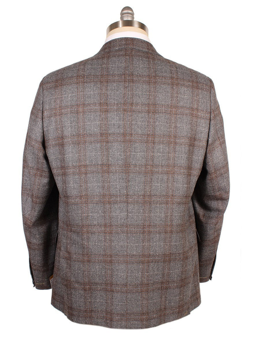 The back view of a Heritage Gold Autumn Blend Sport Jacket in Grey & Brown Plaid, perfect for the Autumn season, made with a luxurious wool blend. (FINAL SALE)