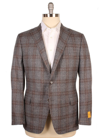 A FINAL SALE Heritage Gold Autumn Blend Sport Jacket in Grey & Brown Plaid on a mannequin dummy wearing an Autumn wool blend sport jacket.