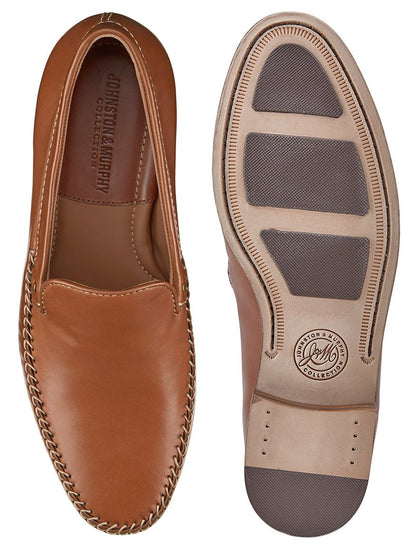 A pair of J & M Collection Baldwin Whipstitch Venetian in Cognac Sheepskin loafers, handsewn with meticulous craftsmanship and showcased on a pristine white background.