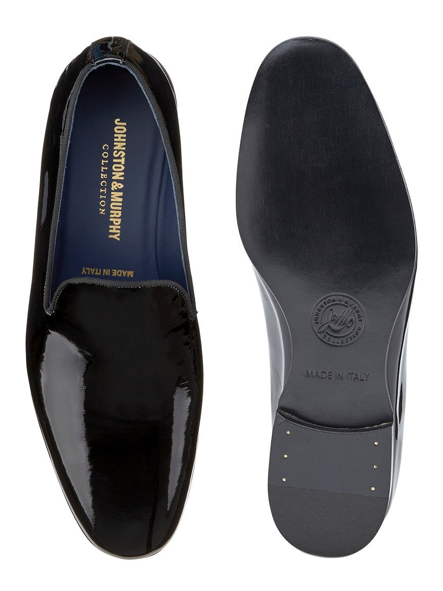 Top view of a pair of glossy Italian leather shoes displaying the J & M Collection Kinser Slip-On brand name and "made in Italy" on the insole and sole.