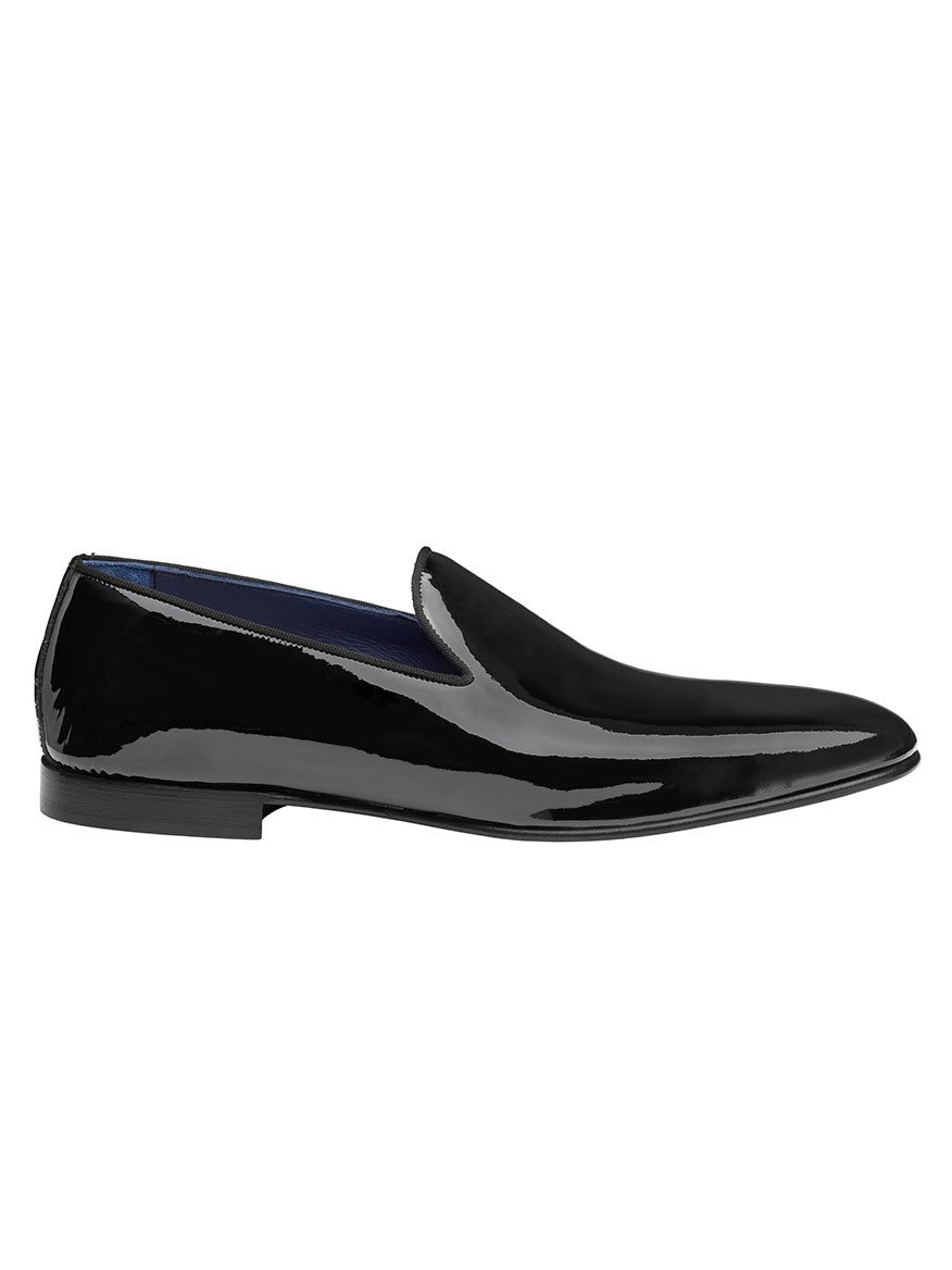 Black J & M Collection Kinser Slip-On in Black Italian Patent Calfskin with a cushioned footbed.