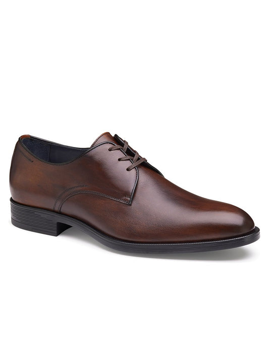 A J & M Collection Flynch Cap Toe in Mahogany Italian Calfskin men's brown derby shoe with a rubber outsole, made in Italy, on a white background.