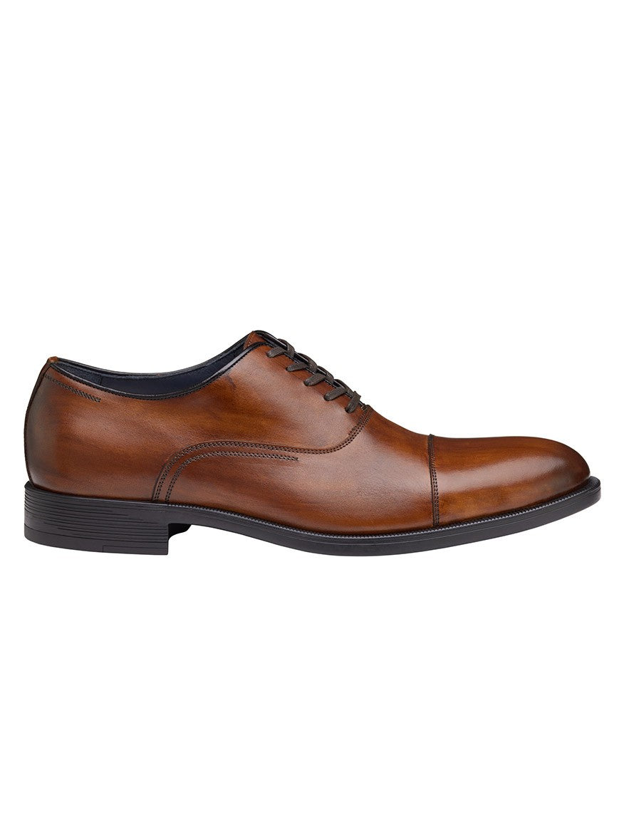A J & M Collection Flynch Cap Toe in Tan Italian Calfskin men's brown derby shoe crafted in Italy on a white background.