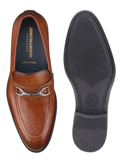 A pair of J & M Collection Flynch Bit in Tan Italian Calfskin loafers, featuring a stylish metal sole.